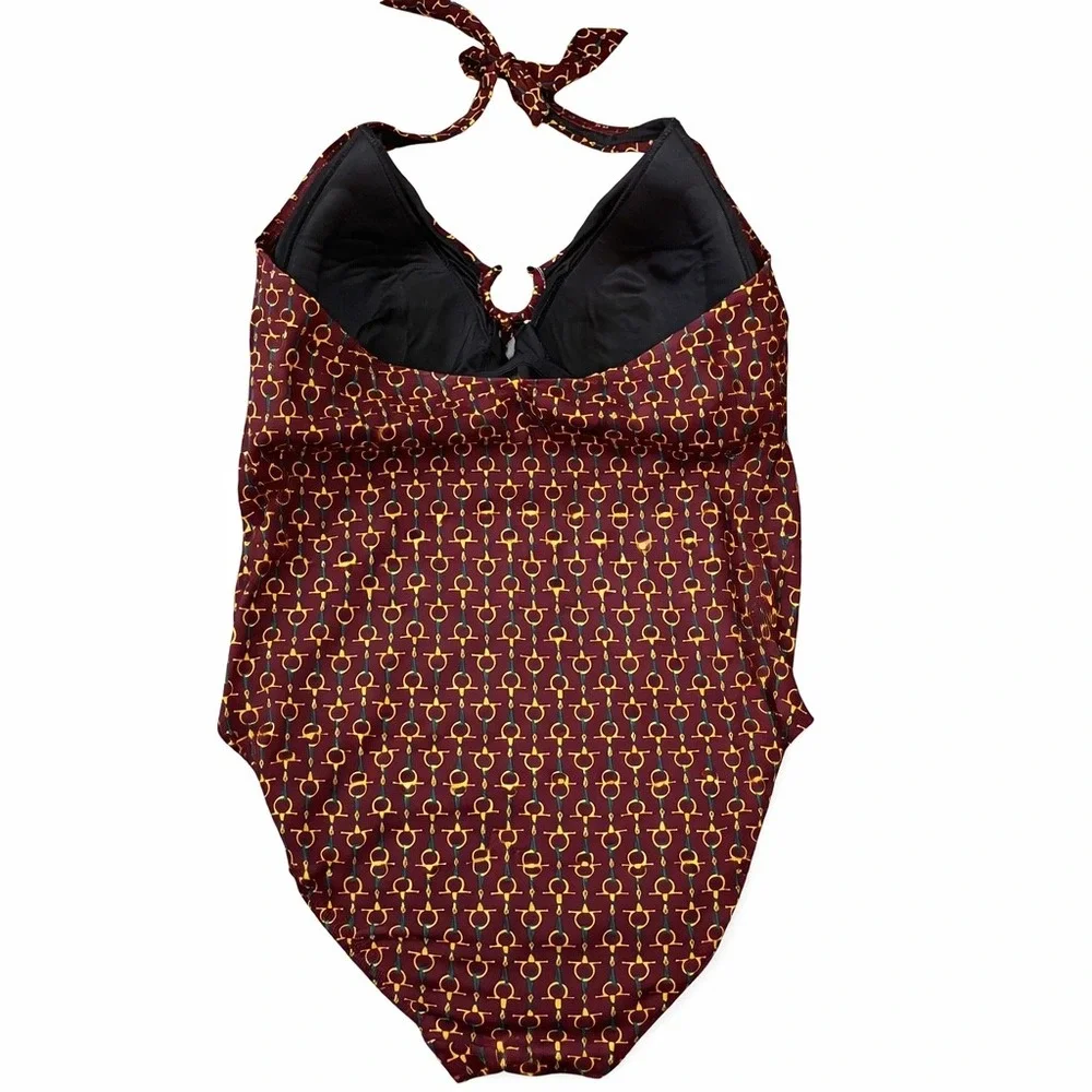 Lands' End Womens 14 One Piece Swimsuit Burgundy Equestrian Bit Halter Beach - Picture 2 of 5